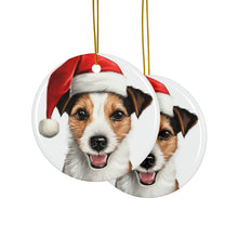 DistinctInk Hanging Ceramic Christmas Tree Ornament with Gold String - Great Gift/Present - 2 3/4 inch Diameter - Russell Terrier Design
