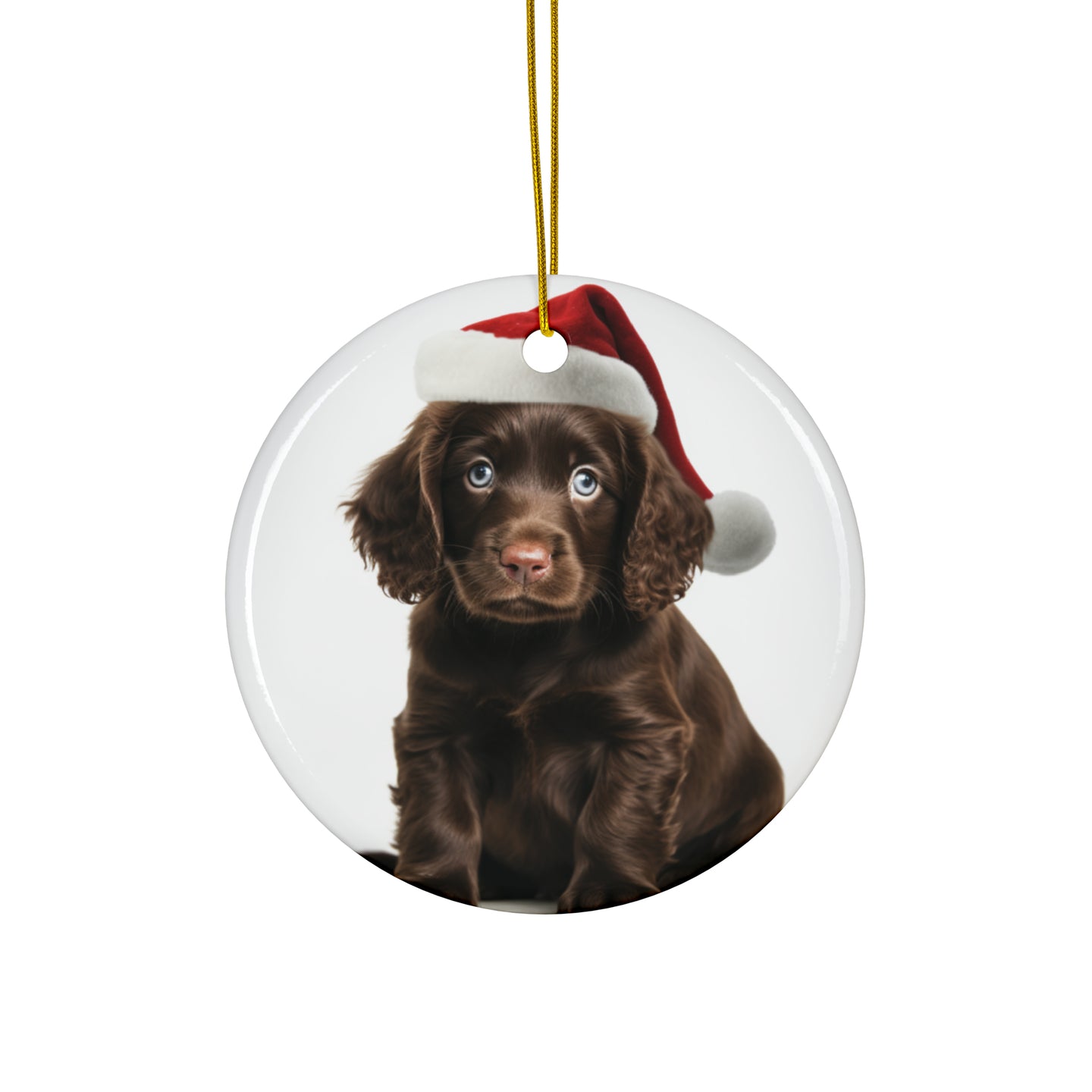 DistinctInk Hanging Ceramic Christmas Tree Ornament with Gold String - Great Gift/Present - 2 3/4 inch Diameter - Boykin Spaniel Puppy Design