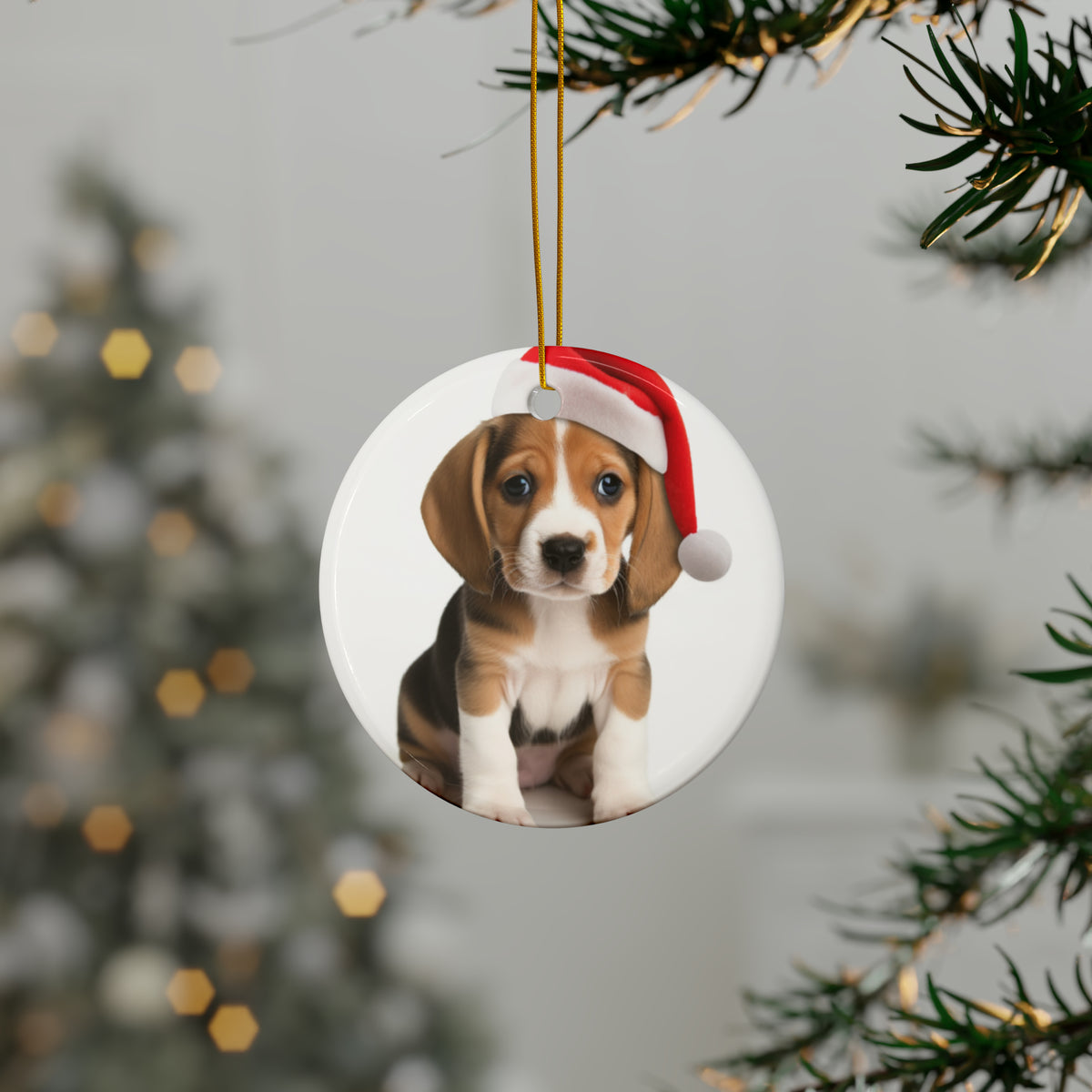 Hanging Ceramic Christmas Tree Ornament with Gold String - Beagle Puppy Design, view 3