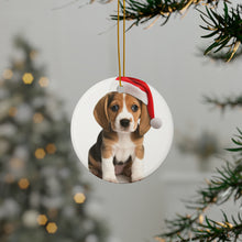 DistinctInk Hanging Ceramic Christmas Tree Ornament with Gold String - Great Gift/Present - 2 3/4 inch Diameter - Beagle Puppy Design