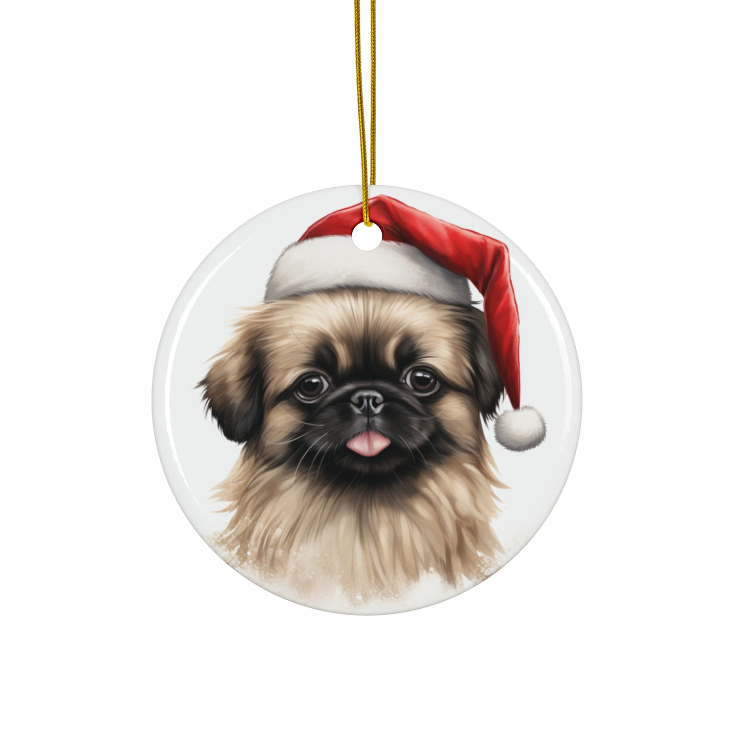 DistinctInk Hanging Ceramic Christmas Tree Ornament with Gold String - Great Gift/Present - 2 3/4 inch Diameter - Pekingese Puppy Drawing Design