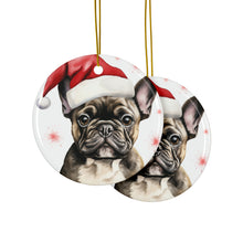 DistinctInk Hanging Ceramic Christmas Tree Ornament with Gold String - Great Gift/Present - 2 3/4 inch Diameter - French Bulldog Drawing Design