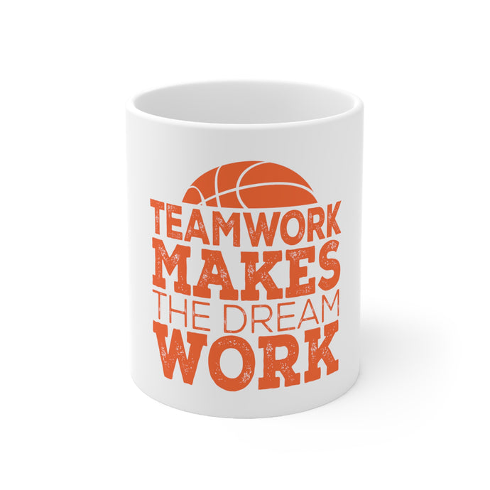 DistinctInk Glossy White Coffee / Tea Mug - Teamwork Makes the Dream Work Basketball