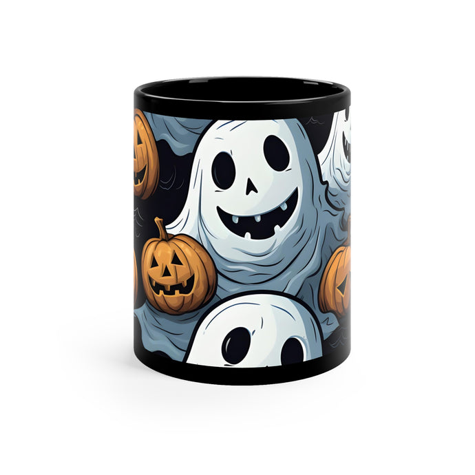 DistinctInk Black Coffee Mug - Ghoulish Ghostbusters and Pumpkins for Halloween