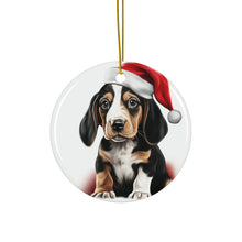 DistinctInk Hanging Ceramic Christmas Tree Ornament with Gold String - Great Gift/Present - 2 3/4 inch Diameter - Treeing Walker Coonhound Puppy Drawing Design