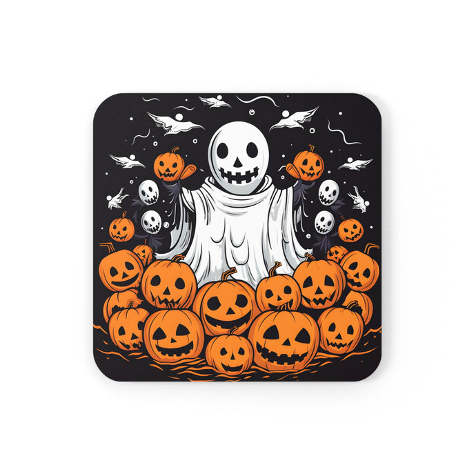 DistinctInk (Set of 4) Corkwood Coasters with Ghost Skeleton PumpkinsDesign for Halloween