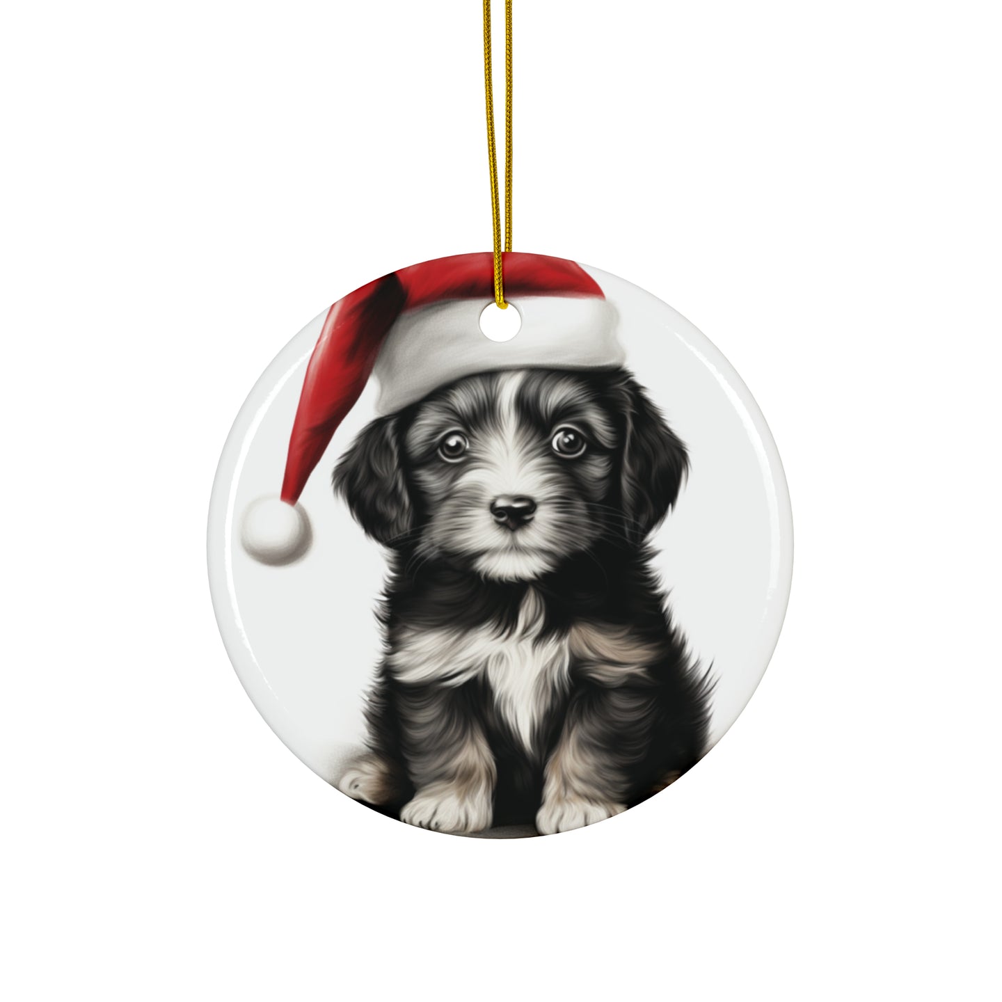DistinctInk Hanging Ceramic Christmas Tree Ornament with Gold String - Great Gift/Present - 2 3/4 inch Diameter - Belgian Laekenoi Puppy Drawing Design