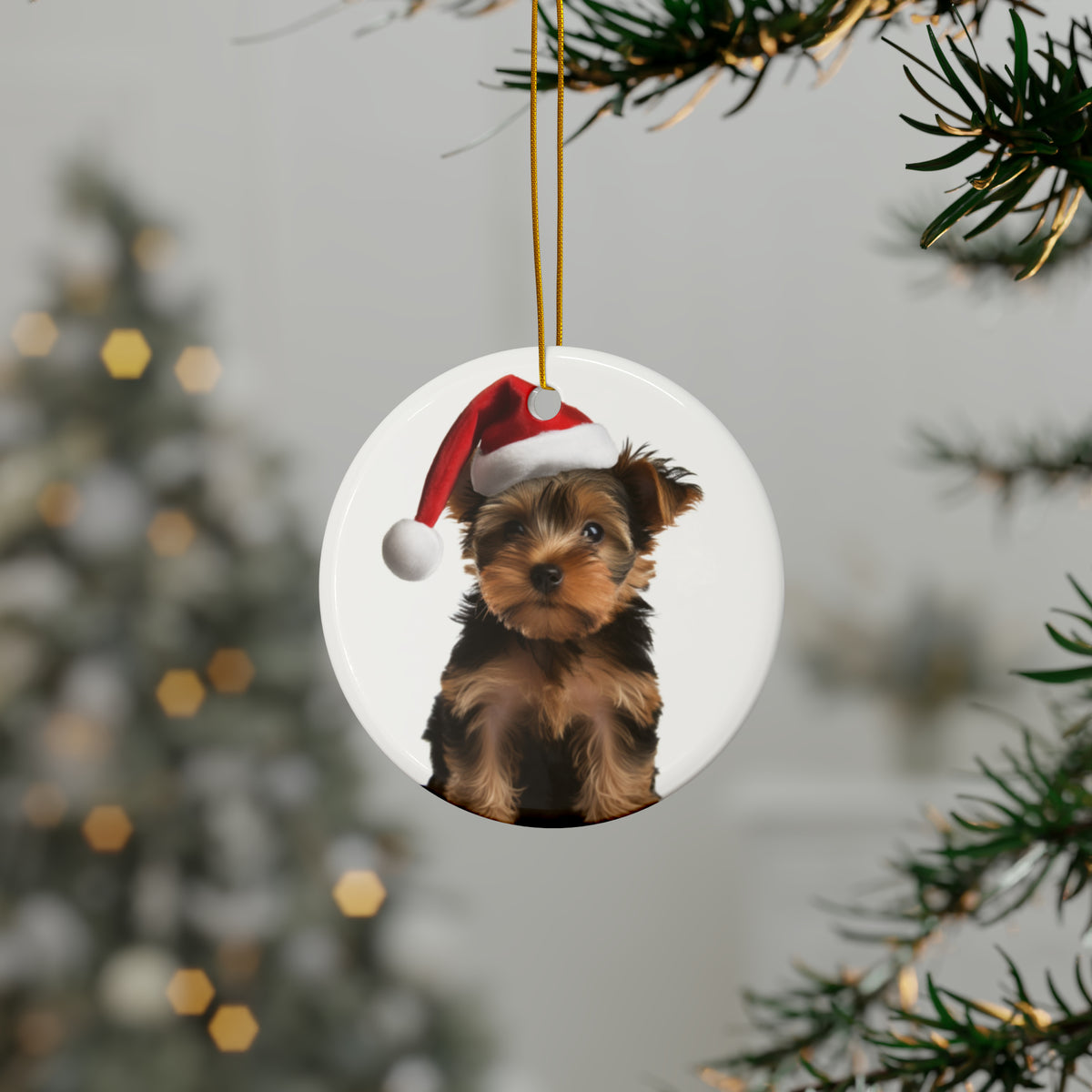 Hanging Ceramic Christmas Tree Ornament with Gold String - Silky Terrier Puppy Design, view 3