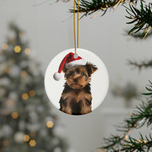 DistinctInk Hanging Ceramic Christmas Tree Ornament with Gold String - Great Gift/Present - 2 3/4 inch Diameter - Silky Terrier Puppy Design