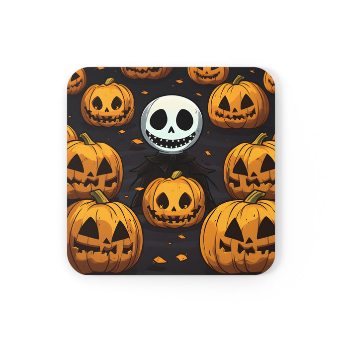 DistinctInk (Set of 4) Corkwood Coasters with Ghastly Skeleton PumpkinsDesign for Halloween