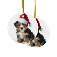 DistinctInk Hanging Ceramic Christmas Tree Ornament with Gold String - Great Gift/Present - 2 3/4 inch Diameter - Biewer Terrier Puppy Design