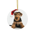 Hanging Ceramic Christmas Tree Ornament with Gold String - Airedale Terrier Puppy Design