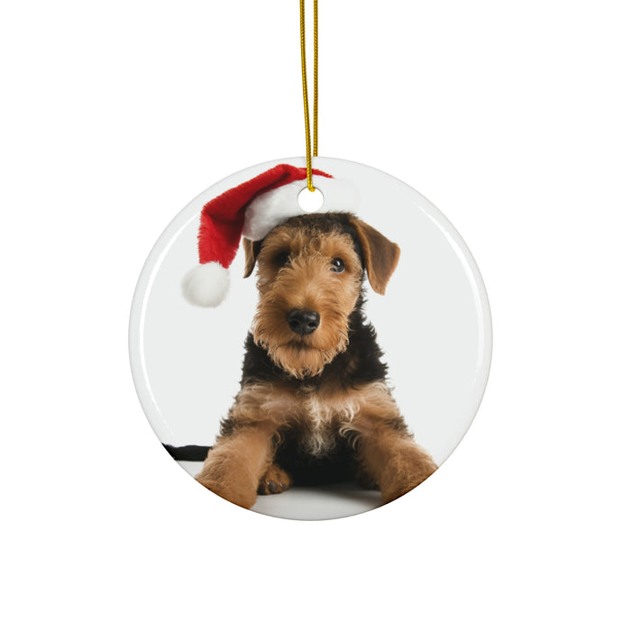 DistinctInk Hanging Ceramic Christmas Tree Ornament with Gold String - Great Gift/Present - 2 3/4 inch Diameter - Airedale Terrier Puppy Design