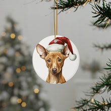 DistinctInk Hanging Ceramic Christmas Tree Ornament with Gold String - Great Gift/Present - 2 3/4 inch Diameter - Pharaoh Hound Puppy Drawing Design