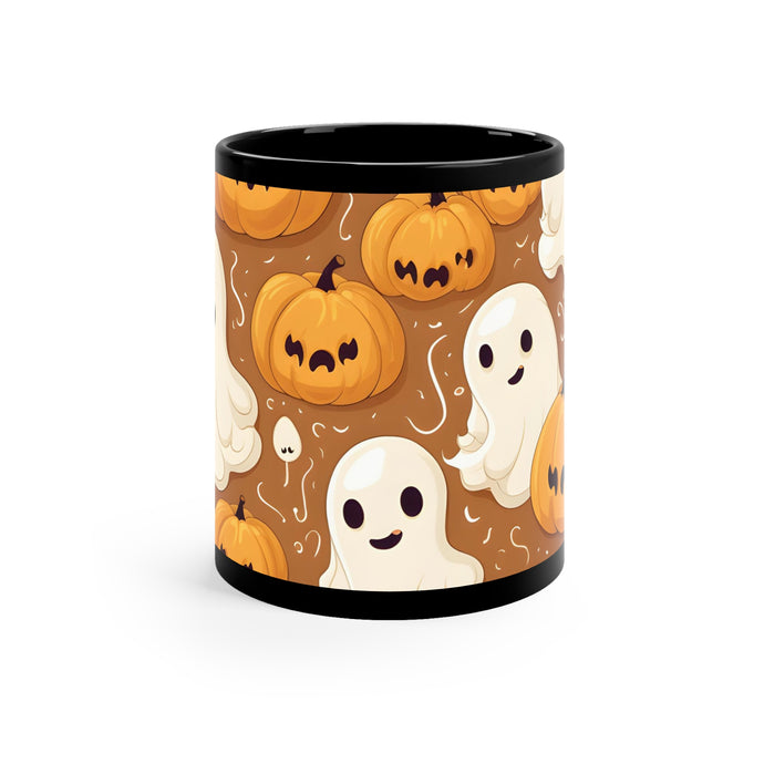 DistinctInk Black Coffee Mug - Ghastly Skeleton Pumpkin Cartoon for Halloween