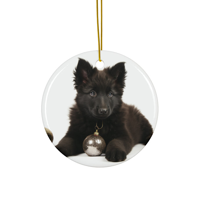 DistinctInk Hanging Ceramic Christmas Tree Ornament with Gold String - Great Gift/Present - 2 3/4 inch Diameter - Belgian Sheepdog Puppy Design