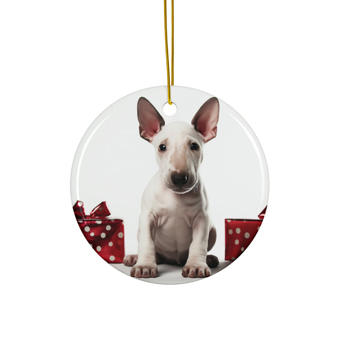 DistinctInk Hanging Ceramic Christmas Tree Ornament with Gold String - Great Gift/Present - 2 3/4 inch Diameter - Miniature Bull Terrier Puppy Design