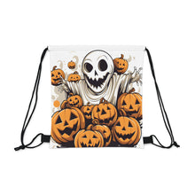 DistinctInk Drawstring Bag / Backpack with Ghostly Skeleton and Pumpkins Design for Halloween