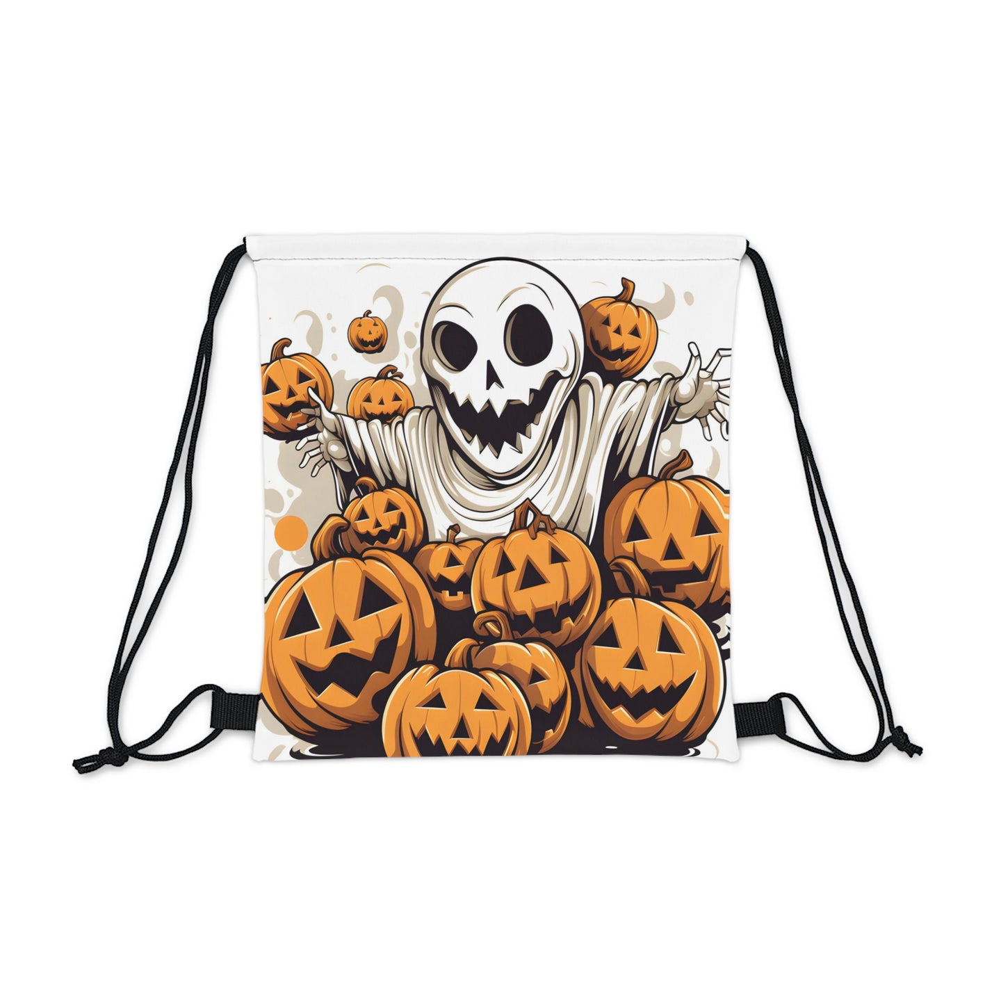 DistinctInk Drawstring Bag / Backpack with Ghostly Skeleton and Pumpkins Design for Halloween