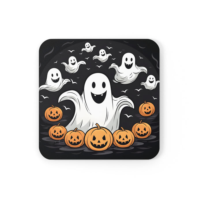 DistinctInk (Set of 4) Corkwood Coasters with Skeletal Ghostly Pumpkin PatchDesign for Halloween