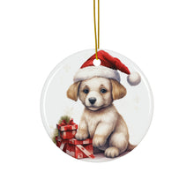 DistinctInk Hanging Ceramic Christmas Tree Ornament with Gold String - Great Gift/Present - 2 3/4 inch Diameter - Russian Toy Puppy Drawing Design