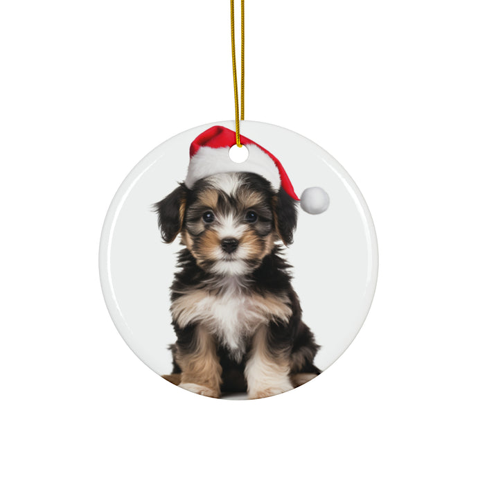 DistinctInk Hanging Ceramic Christmas Tree Ornament with Gold String - Great Gift/Present - 2 3/4 inch Diameter - Löwchen Puppy Design