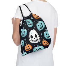 DistinctInk Drawstring Bag / Backpack with Skele-Ghostly Pumpkin Patch Design for Halloween