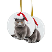 DistinctInk Hanging Ceramic Christmas Tree Ornament with Gold String - Great Gift/Present - 2 3/4 inch Diameter - British Shorthair Cat Design