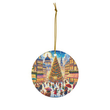 DistinctInk Hanging Ceramic Christmas Tree Ornament Charm with Gold String - Great Gift/Present - 2 3/4 inch Diameter - Christmas in the City