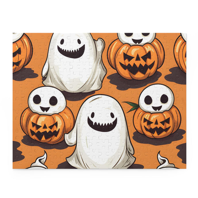 DistinctInk Jigsaw Puzzle with Skeletal Ghost in a Pumpkin Design for Halloween
