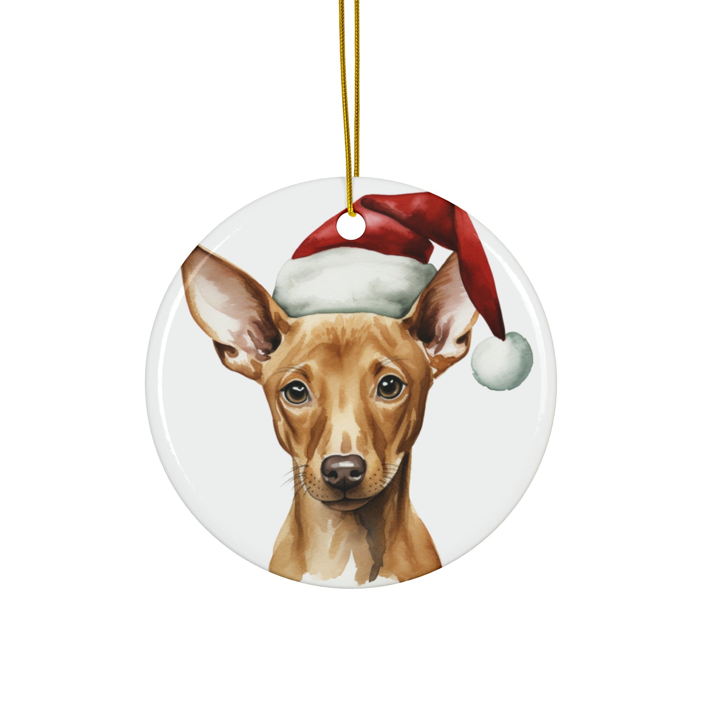 DistinctInk Hanging Ceramic Christmas Tree Ornament with Gold String - Great Gift/Present - 2 3/4 inch Diameter - Pharaoh Hound Puppy Drawing Design