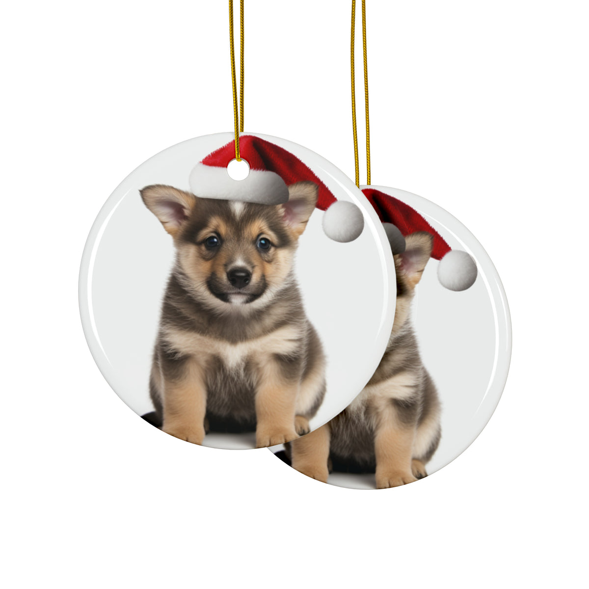 Hanging Ceramic Christmas Tree Ornament with Gold String - Swedish Vallhund Puppy Design, view 2