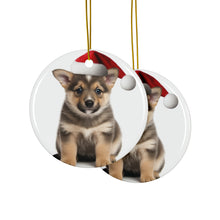 DistinctInk Hanging Ceramic Christmas Tree Ornament with Gold String - Great Gift/Present - 2 3/4 inch Diameter - Swedish Vallhund Puppy Design