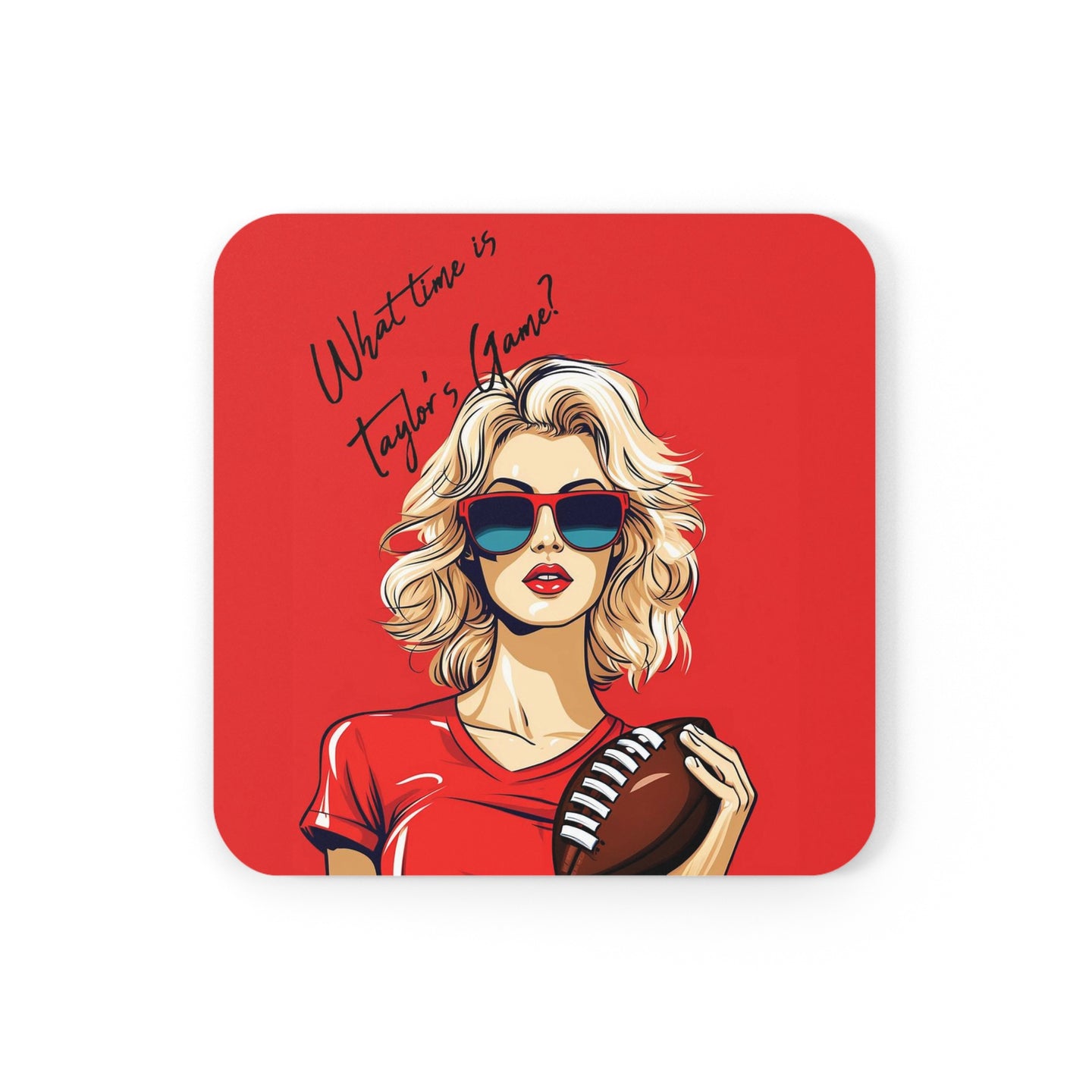 DistinctInk (Set of 4) Corkwood Coasters with What Time Is Taylor's Game? design