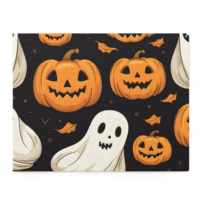 DistinctInk Jigsaw Puzzle with Ghastly Skeleton Pumpkin Party Design for Halloween