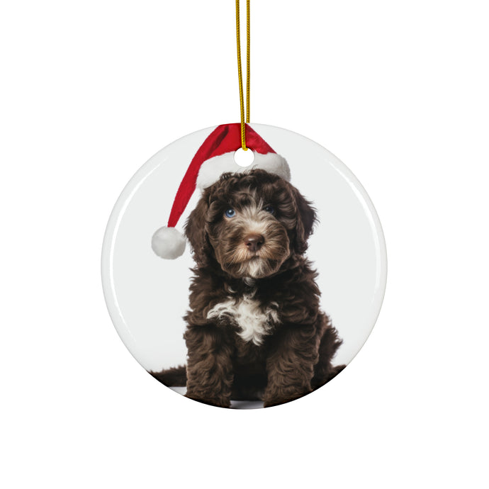 DistinctInk Hanging Ceramic Christmas Tree Ornament with Gold String - Great Gift/Present - 2 3/4 inch Diameter - Spanish Water Dog Puppy Design