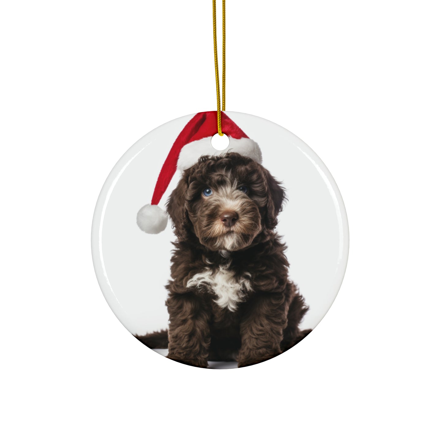 DistinctInk Hanging Ceramic Christmas Tree Ornament with Gold String - Great Gift/Present - 2 3/4 inch Diameter - Spanish Water Dog Puppy Design