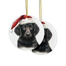 DistinctInk Hanging Ceramic Christmas Tree Ornament with Gold String - Great Gift/Present - 2 3/4 inch Diameter - Flat-Coated Retriever Puppy Drawing Design