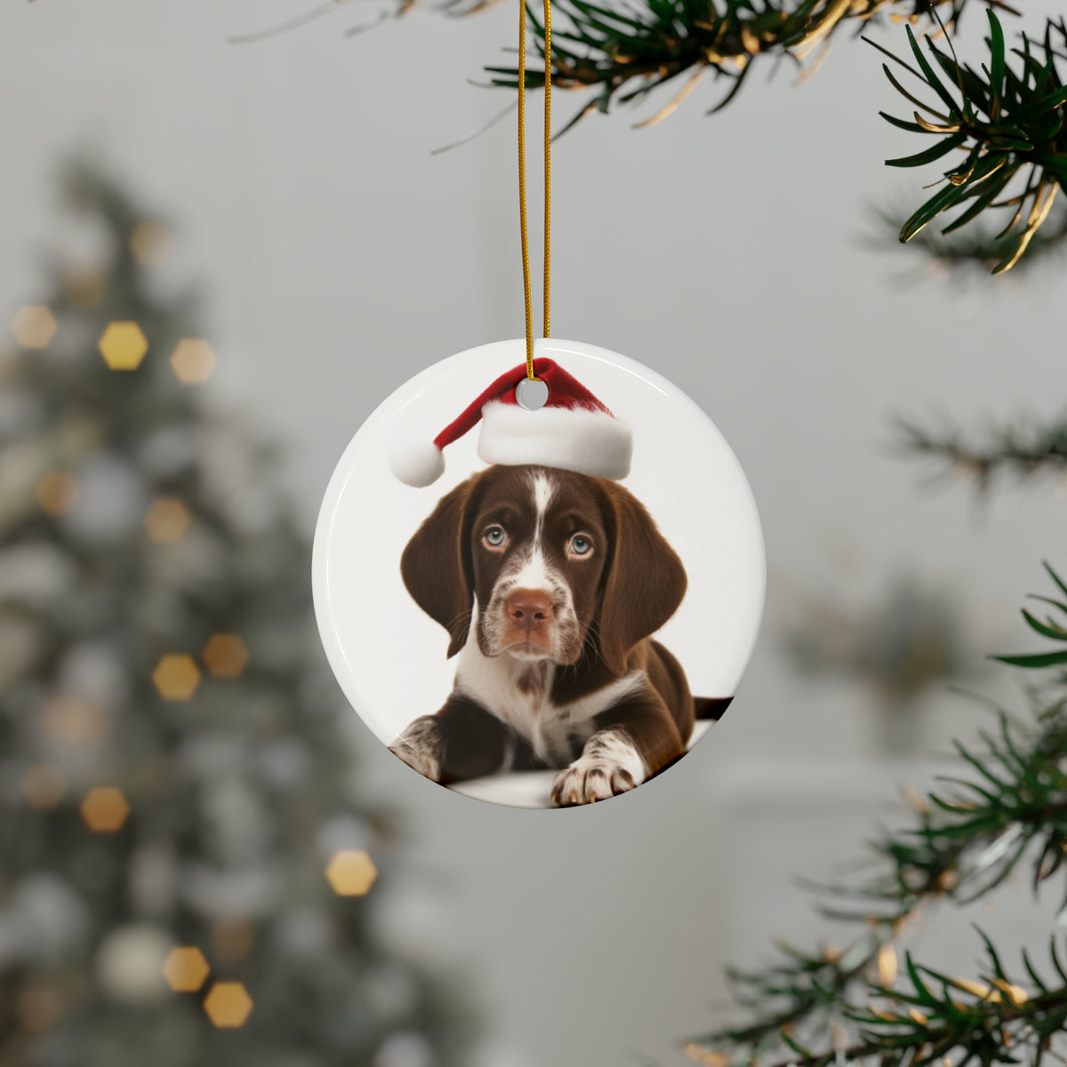 Hanging Ceramic Christmas Tree Ornament with Gold String - Pointer Puppy Design, view 3