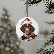 DistinctInk Hanging Ceramic Christmas Tree Ornament with Gold String - Great Gift/Present - 2 3/4 inch Diameter - Pointer Puppy Design