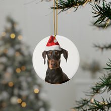 DistinctInk Hanging Ceramic Christmas Tree Ornament with Gold String - Great Gift/Present - 2 3/4 inch Diameter - Doberman Pinscher Design