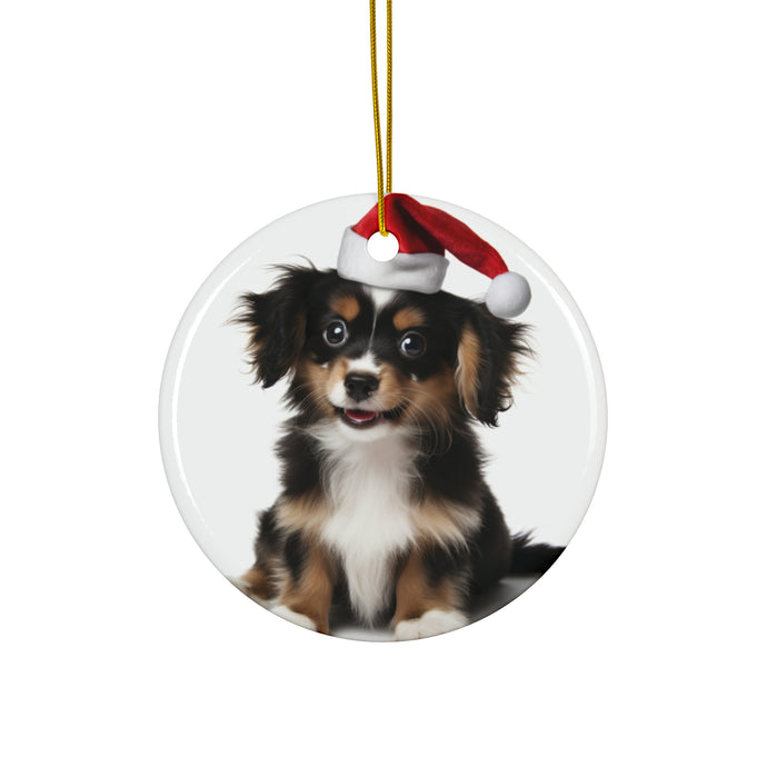 DistinctInk Hanging Ceramic Christmas Tree Ornament with Gold String - Great Gift/Present - 2 3/4 inch Diameter - Belgian Laekenoi Puppy Design