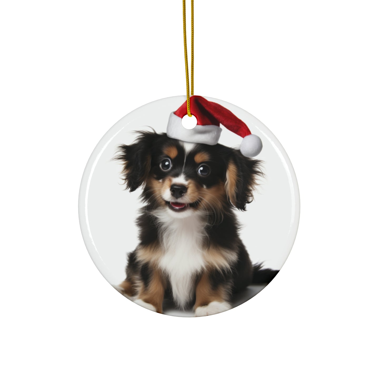 DistinctInk Hanging Ceramic Christmas Tree Ornament with Gold String - Great Gift/Present - 2 3/4 inch Diameter - Belgian Laekenoi Puppy Design