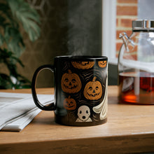 DistinctInk Black Coffee Mug - Ghost Skeleton Pumpkin Pattern for Halloween