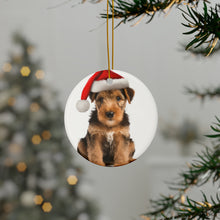 DistinctInk Hanging Ceramic Christmas Tree Ornament with Gold String - Great Gift/Present - 2 3/4 inch Diameter - Welsh Terrier Puppy Design