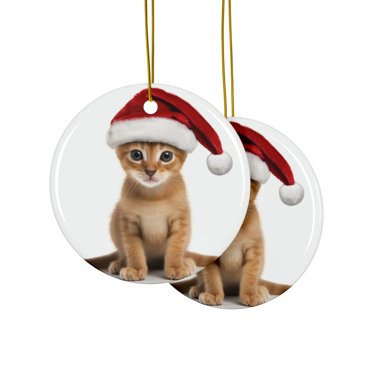 Hanging Ceramic Christmas Tree Ornament with Gold String - Abyssinian Kitten Design, view 2