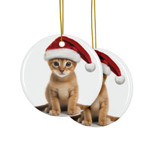 DistinctInk Hanging Ceramic Christmas Tree Ornament with Gold String - Great Gift/Present - 2 3/4 inch Diameter - Abyssinian Kitten Design