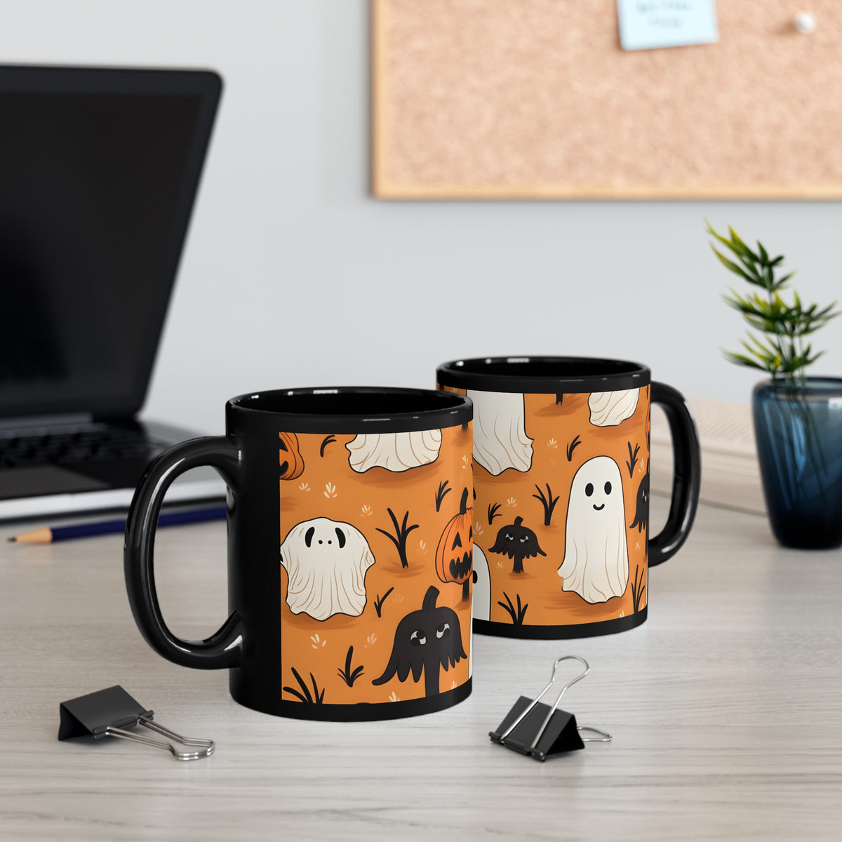 Black Coffee Mug - Ghost Skeleton Pumpkin Cartoons for Halloween, view 5