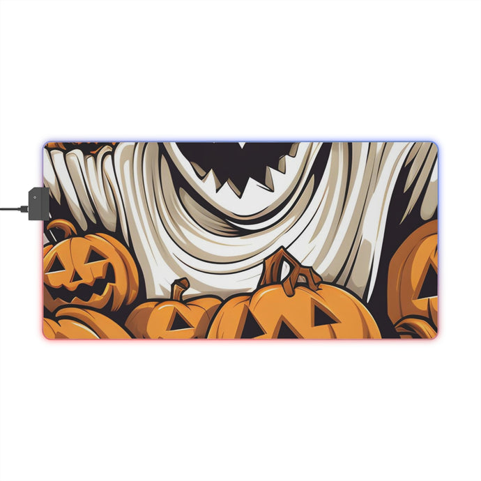 DistinctInk LED Gaming Mouse Pad with Ghostly Skeleton and Pumpkins Design for Halloween