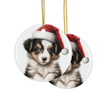 DistinctInk Hanging Ceramic Christmas Tree Ornament with Gold String - Great Gift/Present - 2 3/4 inch Diameter - Collie Puppy Drawing Design
